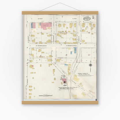 Old map wall art mockup — magnetic wood frame on white wall — Sanborn Fire Insurance Map from Rockville, Parke County, Indiana (1932), Sheet #0005