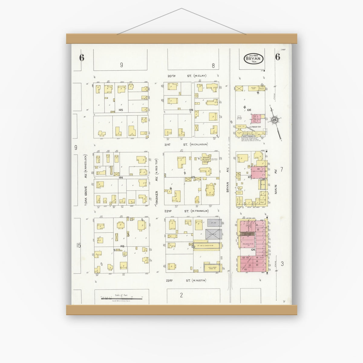 Old map wall art mockup — magnetic wood frame on white wall — Sanborn Fire Insurance Map from Bryan, Brazos County, Texas (1925), Sheet #0006