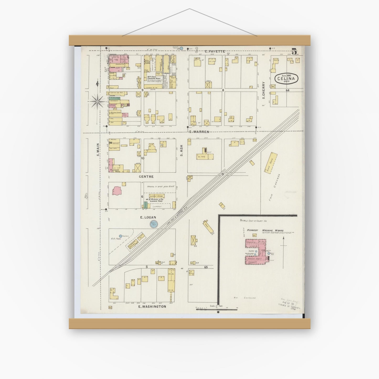 Old map wall art mockup — magnetic wood frame on white wall — Sanborn Fire Insurance Map from Celina, Mercer County, Ohio (1895), Sheet #0005