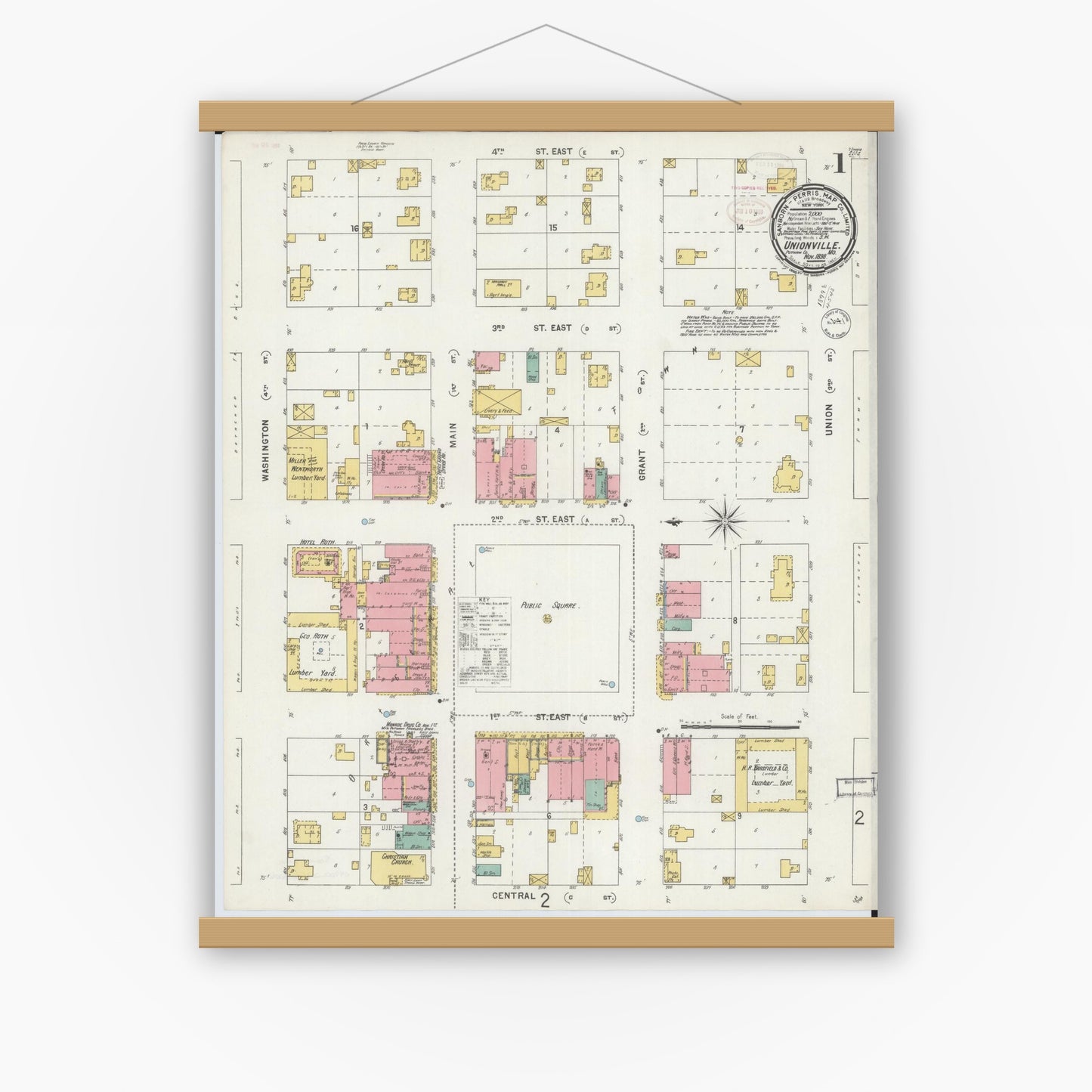 Old map wall art mockup — magnetic wood frame on white wall — Sanborn Fire Insurance Map from Unionville, Putnam County, Missouri (1898) - Complete Map Set