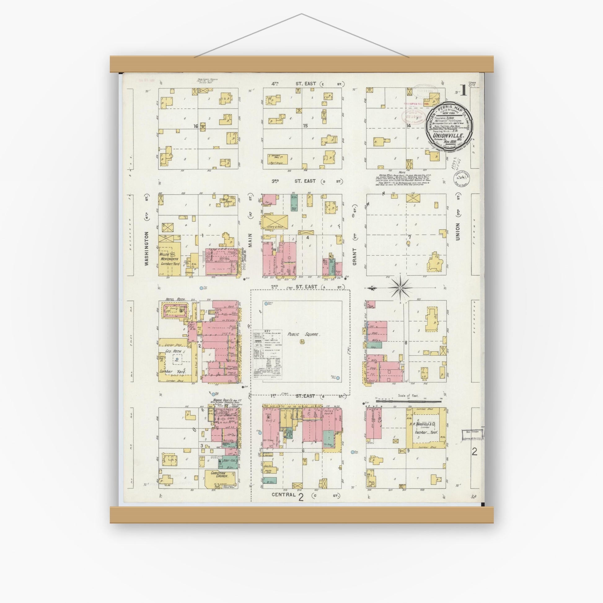 Old map wall art mockup — magnetic wood frame on white wall — Sanborn Fire Insurance Map from Unionville, Putnam County, Missouri (1898) - Complete Map Set