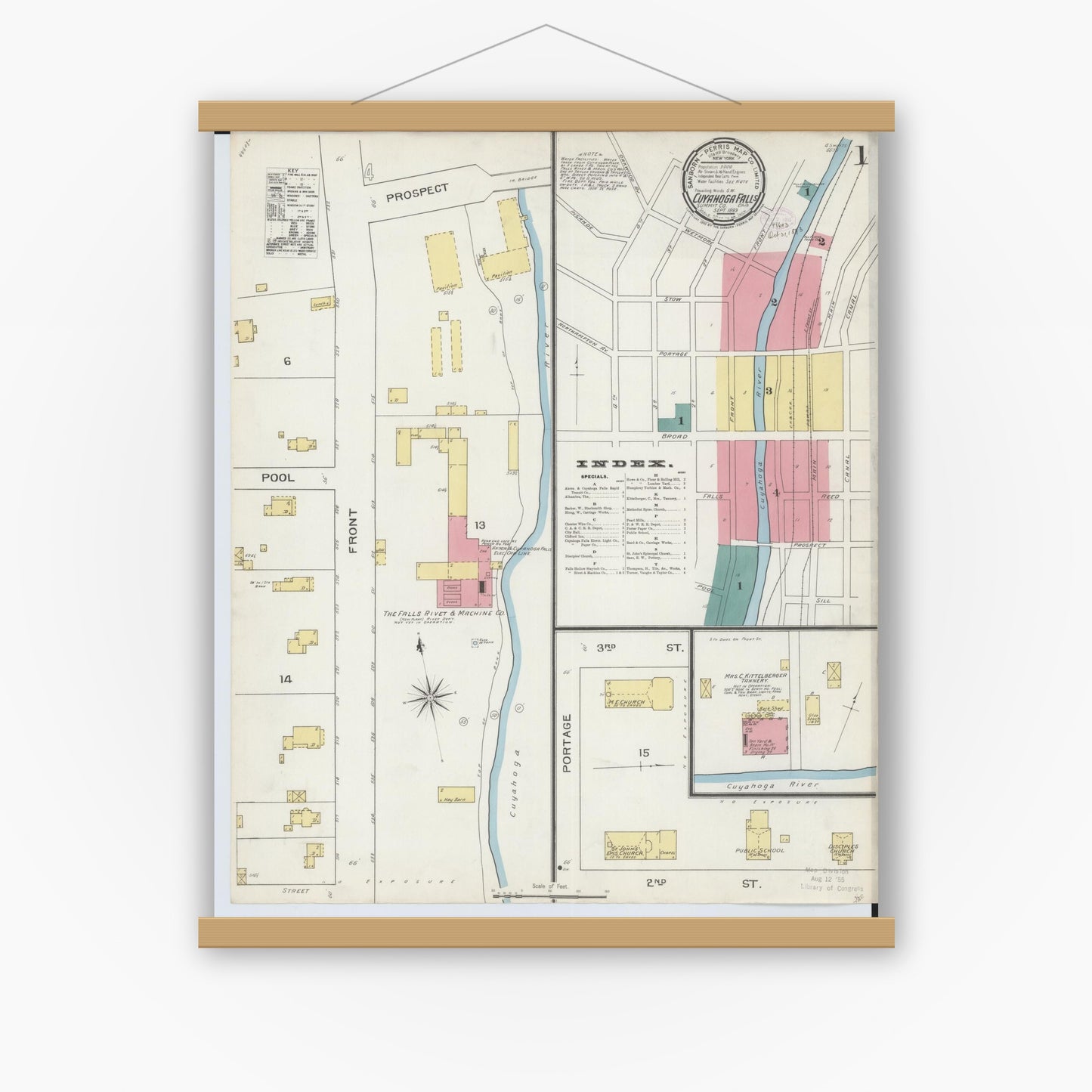 Old map wall art mockup — magnetic wood frame on white wall — Sanborn Fire Insurance Map from Cuyahoga Falls, Summit County, Ohio (1893) - Complete Map Set