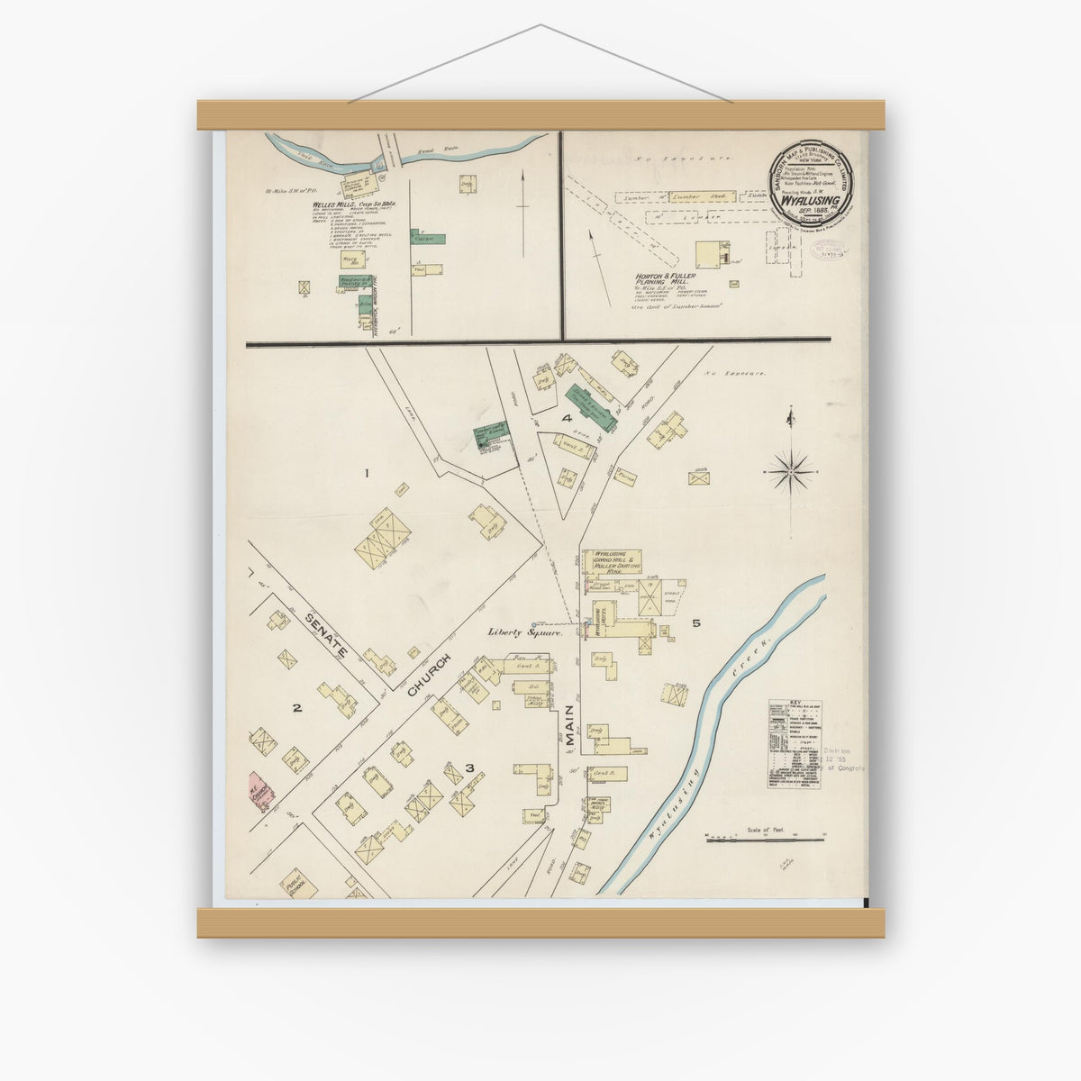 Old map wall art mockup — magnetic wood frame on white wall — Sanborn Fire Insurance Map from Wyalusing, Wyoming County, Pennsylvania (1885), Sheet #0001