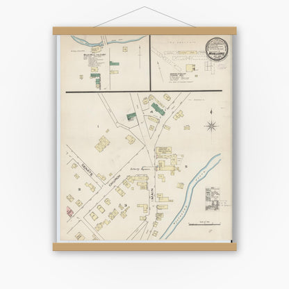 Old map wall art mockup — magnetic wood frame on white wall — Sanborn Fire Insurance Map from Wyalusing, Wyoming County, Pennsylvania (1885), Sheet #0001