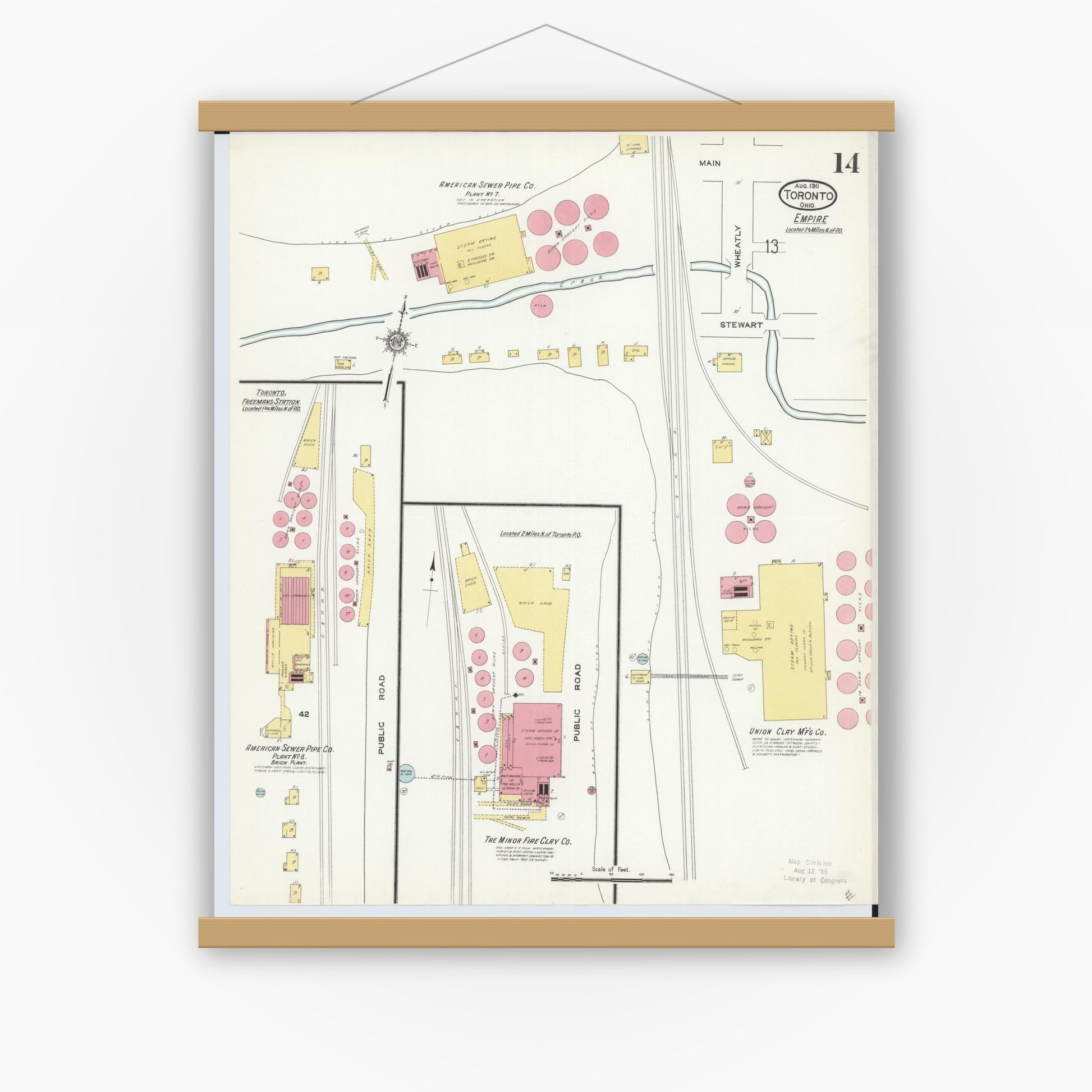 Old map wall art mockup — magnetic wood frame on white wall — Sanborn Fire Insurance Map from Toronto, Jefferson County, Ohio (1911), Sheet #0014
