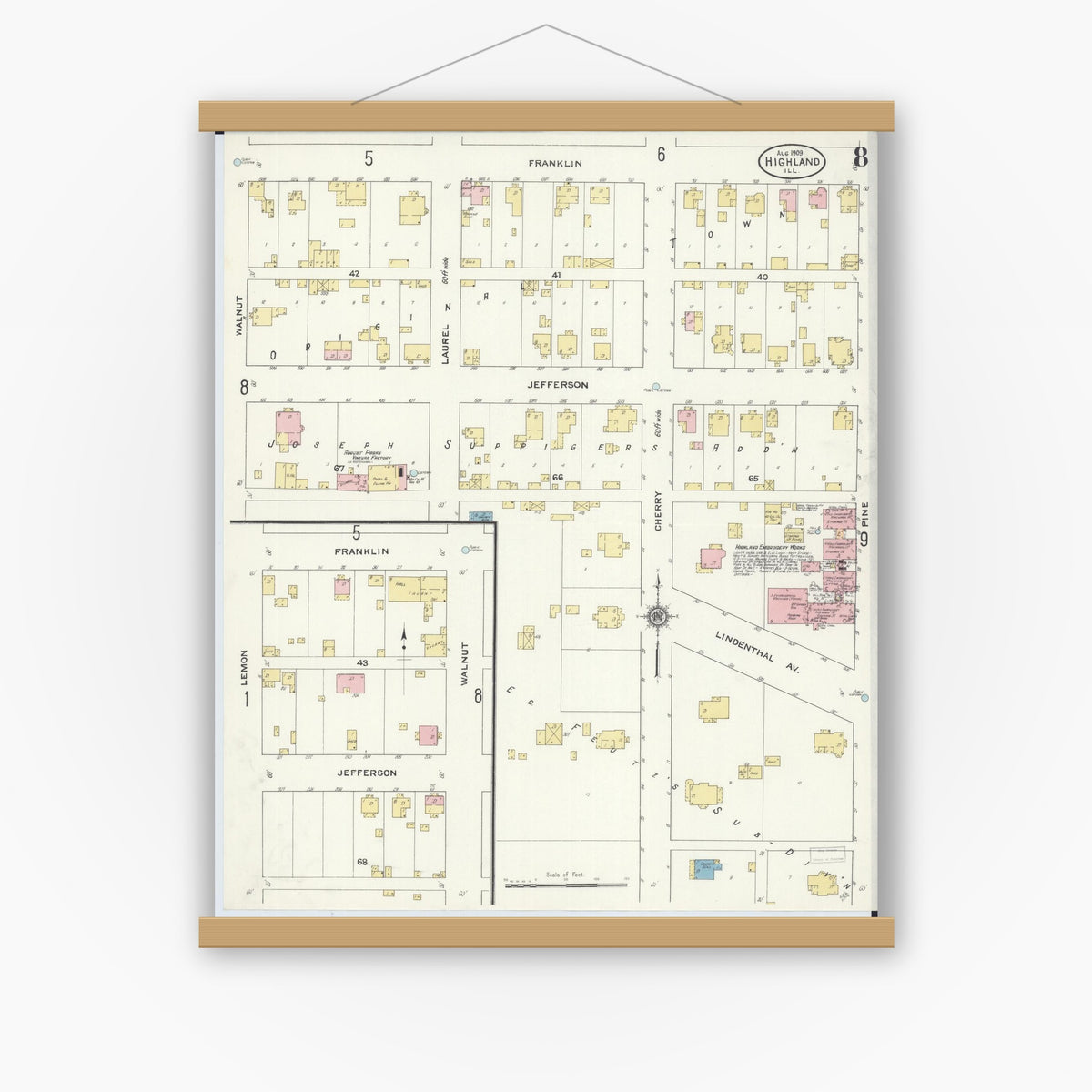 Old map wall art mockup — magnetic wood frame on white wall — Sanborn Fire Insurance Map from Highland, Madison County, Illinois (1908), Sheet #0008