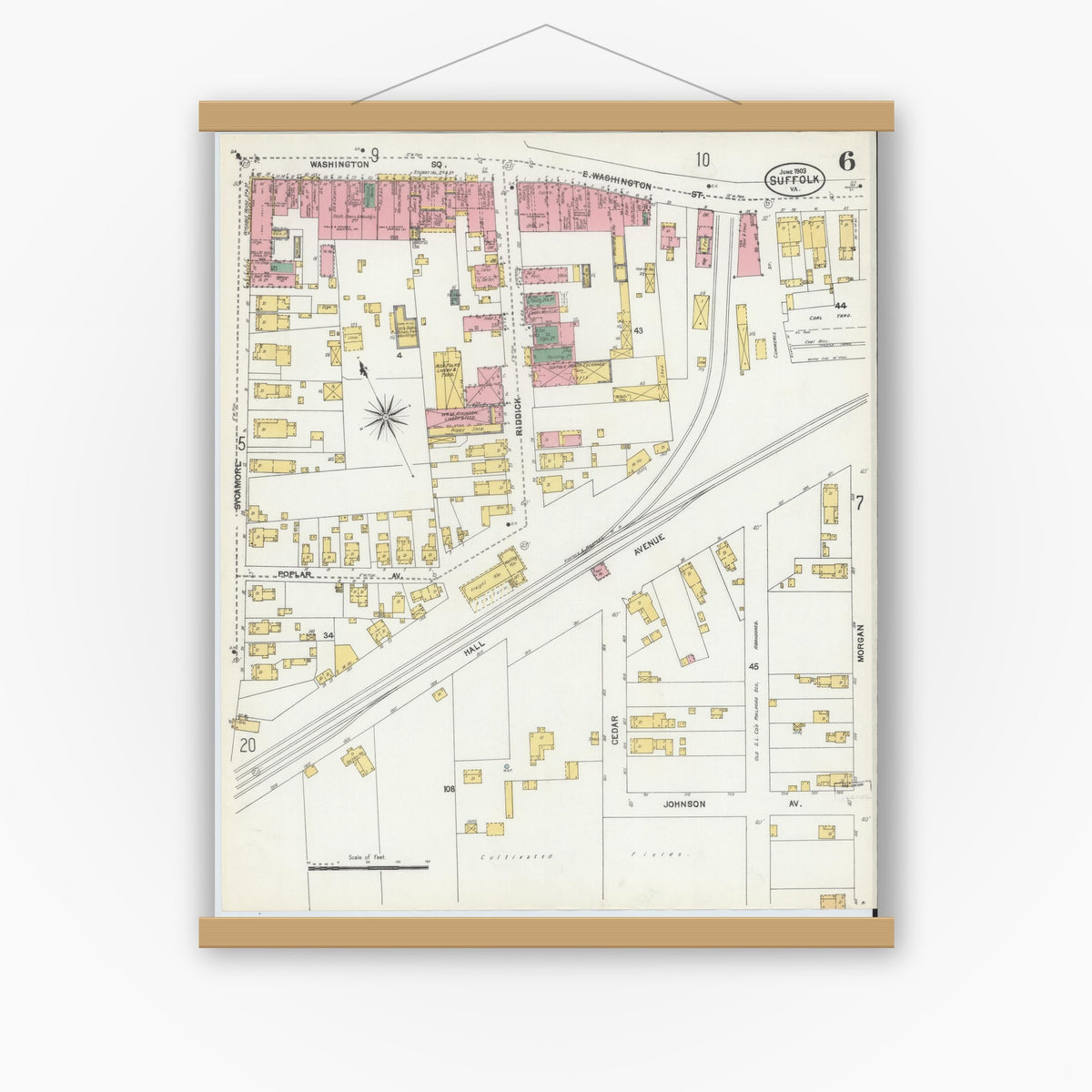 Old map wall art mockup — magnetic wood frame on white wall — Sanborn Fire Insurance Map from Suffolk, Independent Cities, Virginia (1903), Sheet #0006