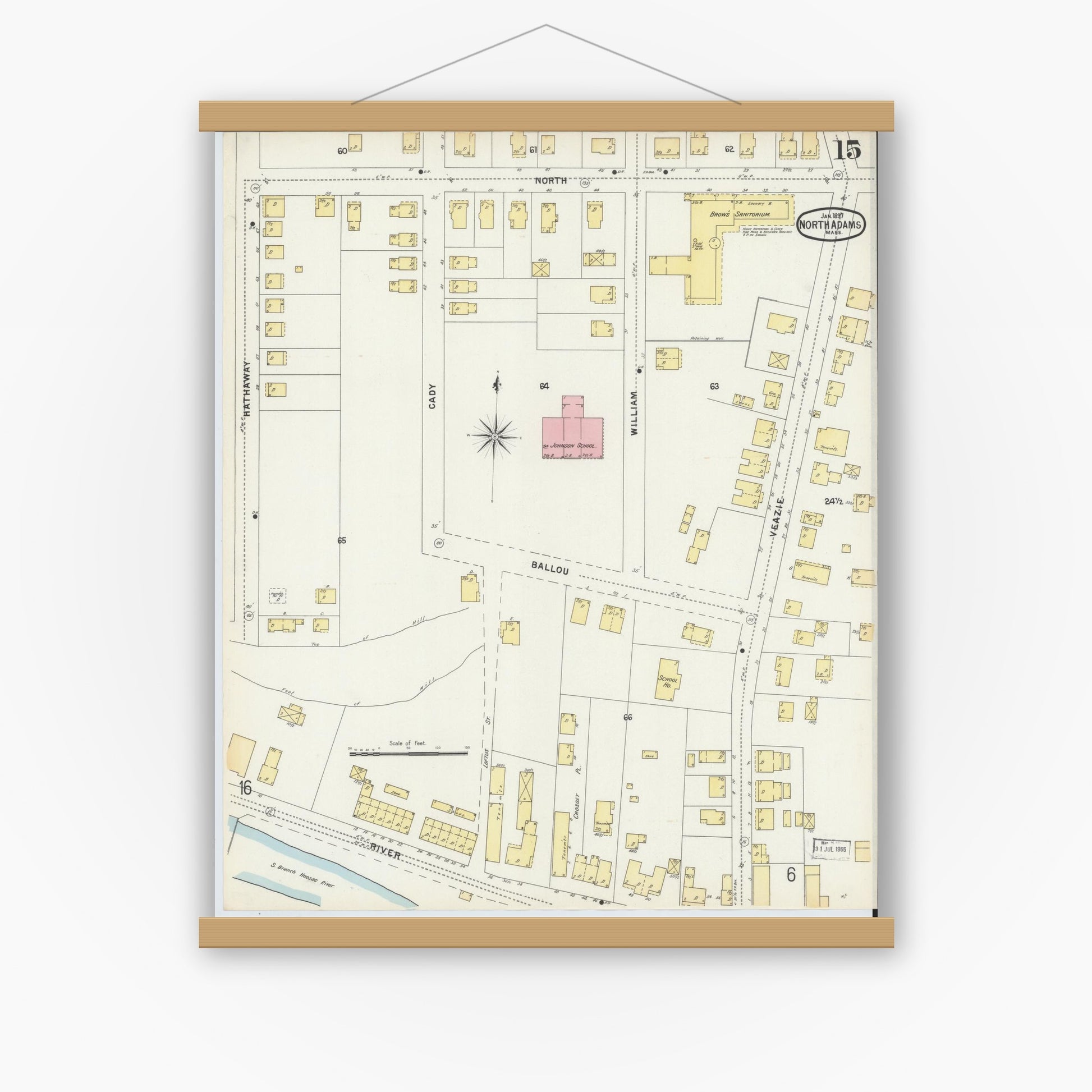 Old map wall art mockup — magnetic wood frame on white wall — Sanborn Fire Insurance Map from North Adams, Berkshire County, Massachusetts (1897), Sheet #0015