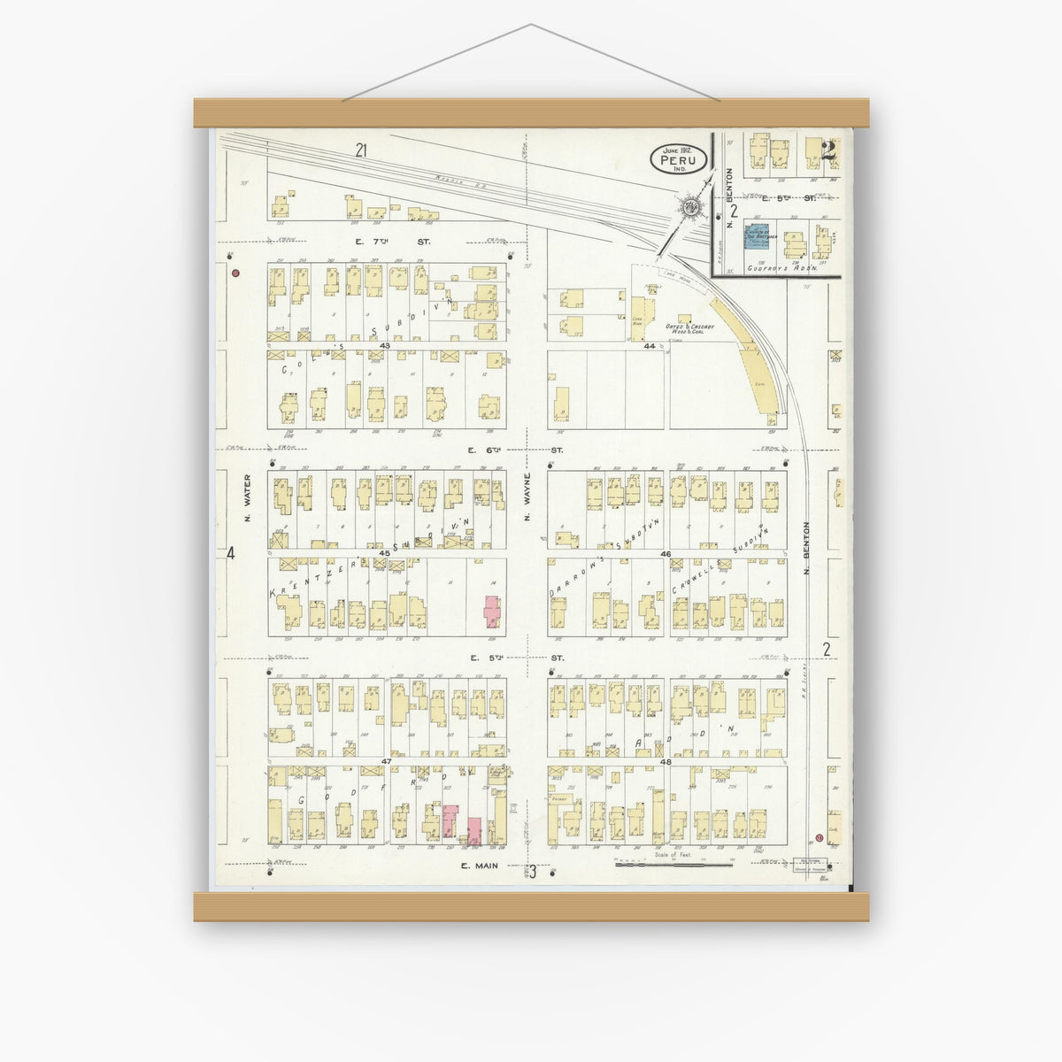 Old map wall art mockup — magnetic wood frame on white wall — Sanborn Fire Insurance Map from Peru, Miami County, Indiana (1912), Sheet #0002
