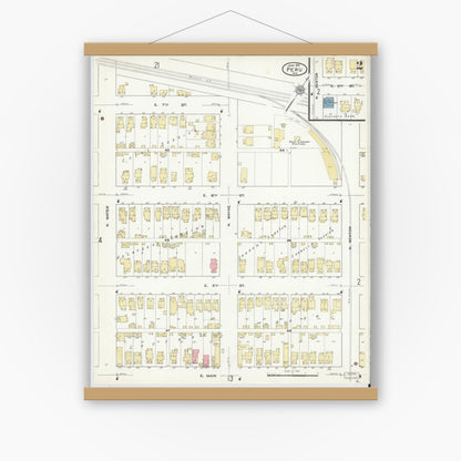 Old map wall art mockup — magnetic wood frame on white wall — Sanborn Fire Insurance Map from Peru, Miami County, Indiana (1912), Sheet #0002
