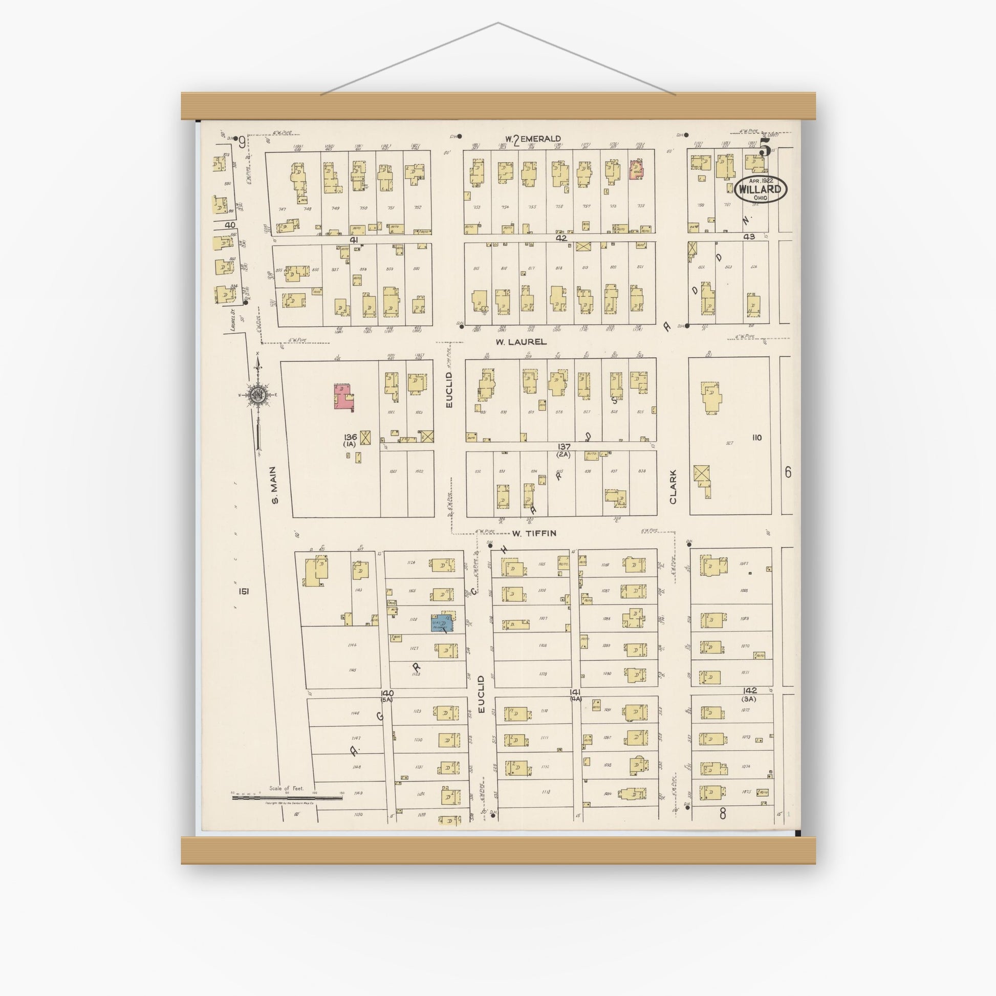 Old map wall art mockup — magnetic wood frame on white wall — Sanborn Fire Insurance Map from Willard, Huron County, Ohio (1922), Sheet #0005