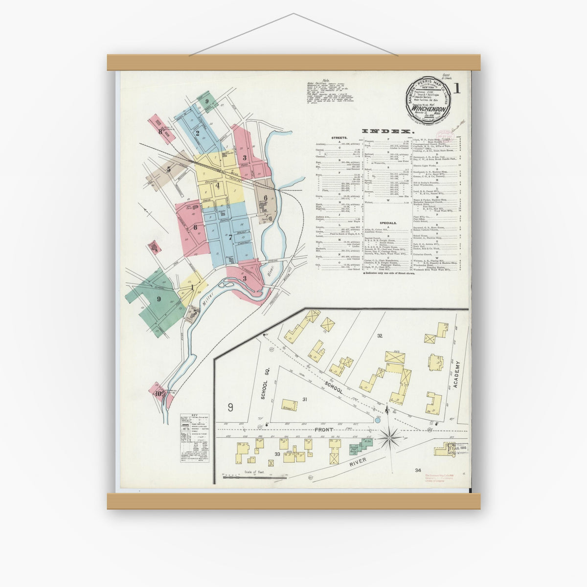 Old map wall art mockup — magnetic wood frame on white wall — Sanborn Fire Insurance Map from Winchendon, Worcester County, Massachusetts (1896) - Complete Map Set