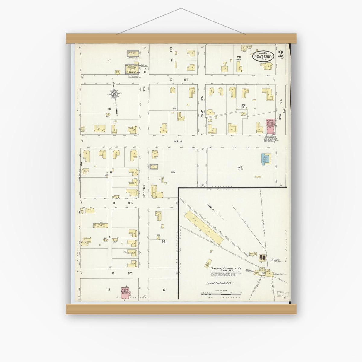 Old map wall art mockup — magnetic wood frame on white wall — Sanborn Fire Insurance Map from Newberry, Alachua County, Florida (1913), Sheet #0002