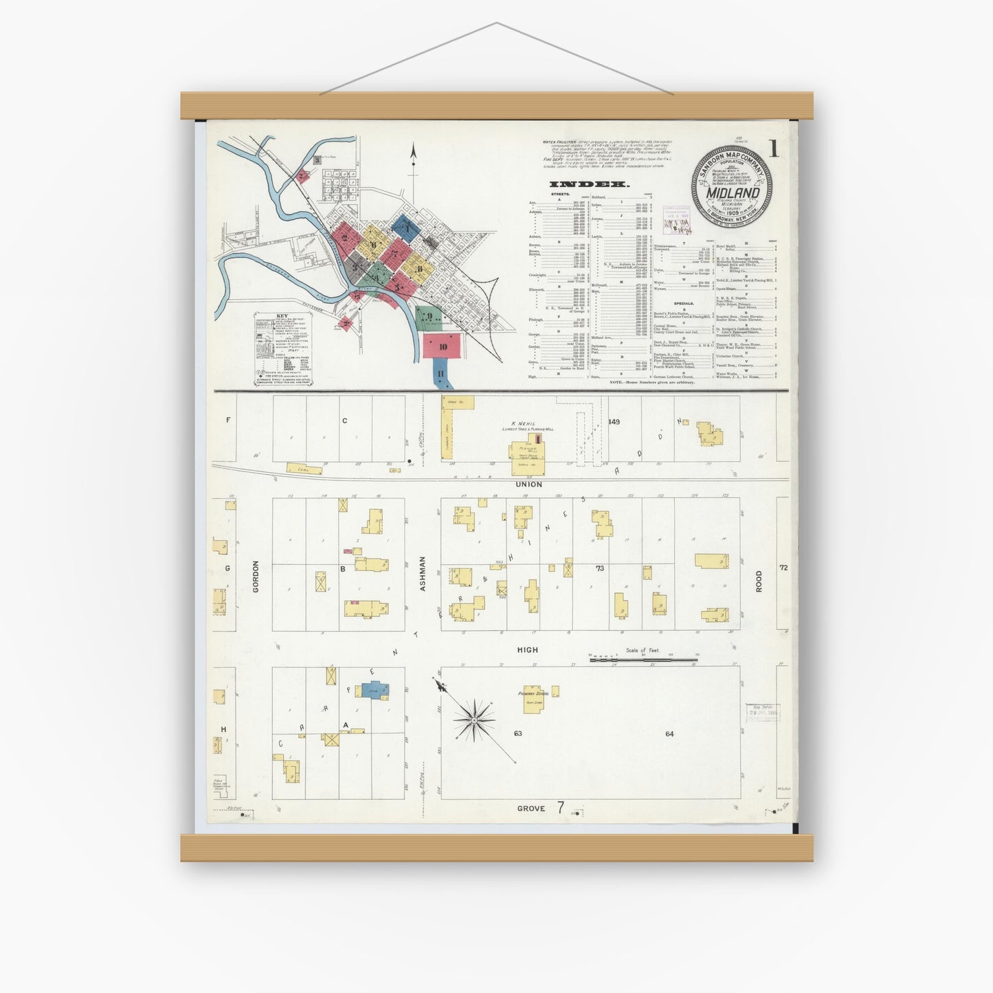 Old map wall art mockup — magnetic wood frame on white wall — Sanborn Fire Insurance Map from Midland, Midland County, Michigan (1909), Sheet #0001