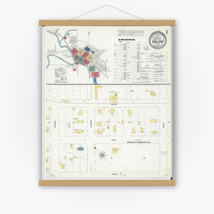 Old map wall art mockup — magnetic wood frame on white wall — Sanborn Fire Insurance Map from Midland, Midland County, Michigan (1909), Sheet #0001