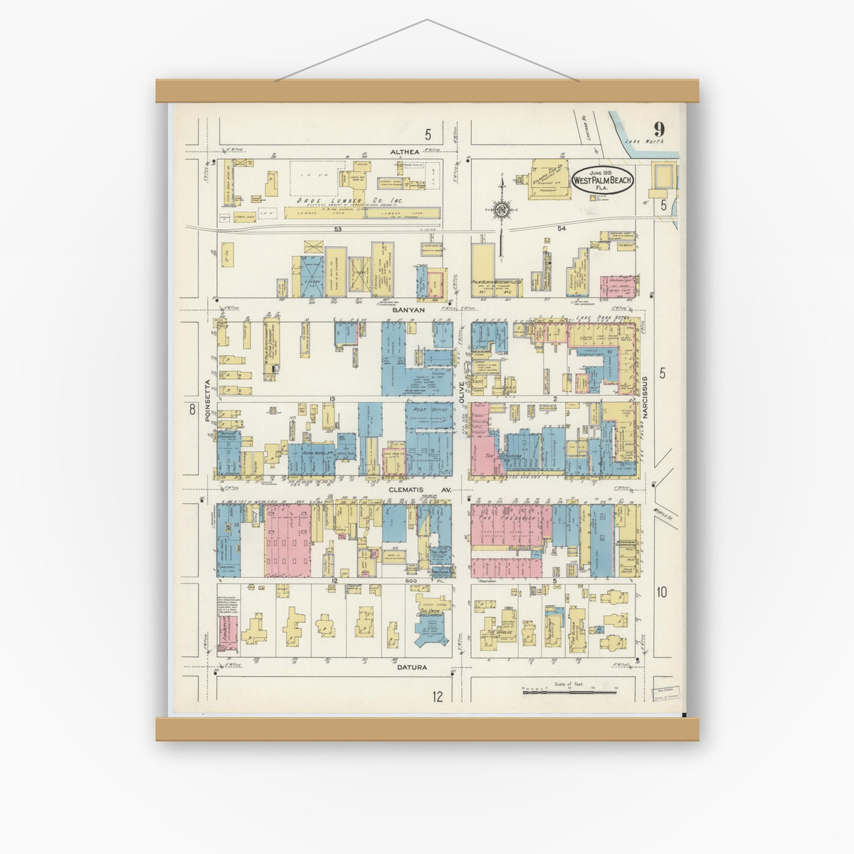 Old map wall art mockup — magnetic wood frame on white wall — Sanborn Fire Insurance Map from West Palm Beach, Dade County, Florida (1915), Sheet #0009