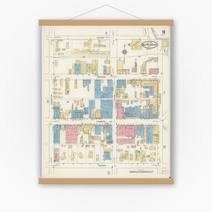 Old map wall art mockup — magnetic wood frame on white wall — Sanborn Fire Insurance Map from West Palm Beach, Dade County, Florida (1915), Sheet #0009