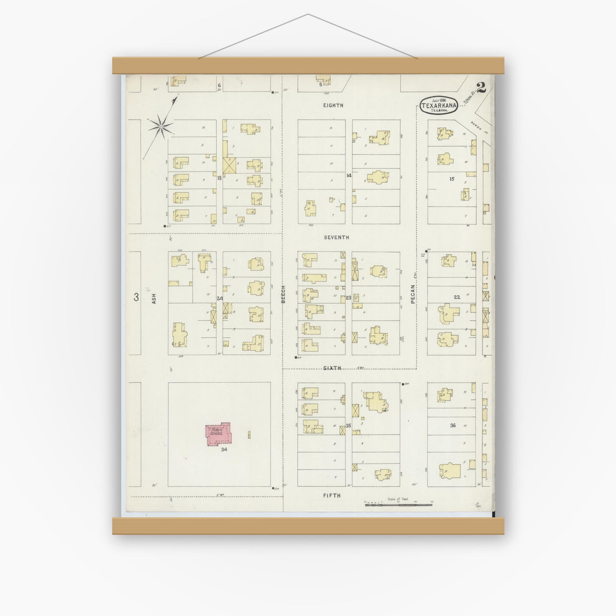 Old map wall art mockup — magnetic wood frame on white wall — Sanborn Fire Insurance Map from Texarkana, Bowie County, Texas (1896), Sheet #0002