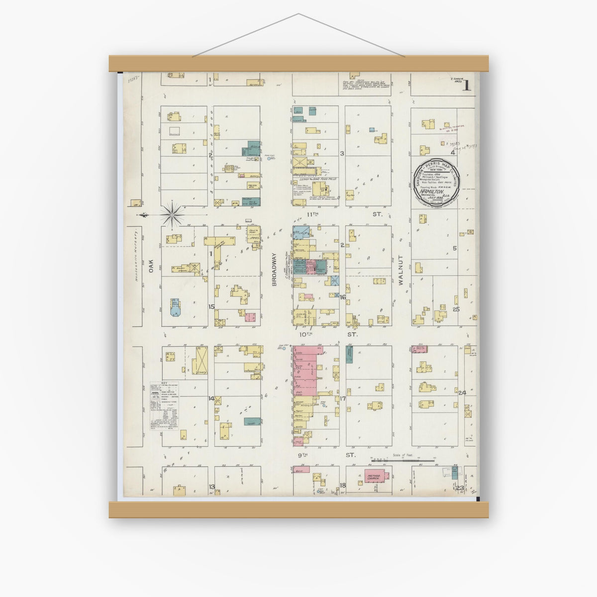 Old map wall art mockup — magnetic wood frame on white wall — Sanborn Fire Insurance Map from Hamilton, Hancock County, Illinois (1893), Sheet #0001