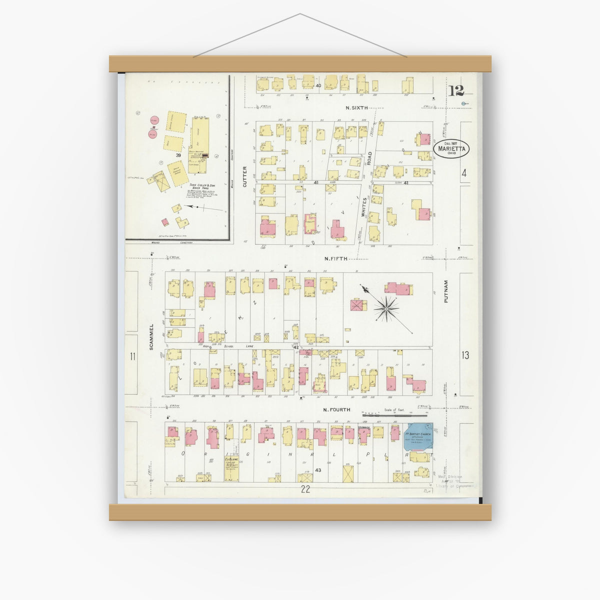 Old map wall art mockup — magnetic wood frame on white wall — Sanborn Fire Insurance Map from Marietta, Washington County, Ohio (1907), Sheet #0012