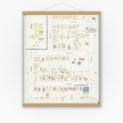 Old map wall art mockup — magnetic wood frame on white wall — Sanborn Fire Insurance Map from Marietta, Washington County, Ohio (1907), Sheet #0012