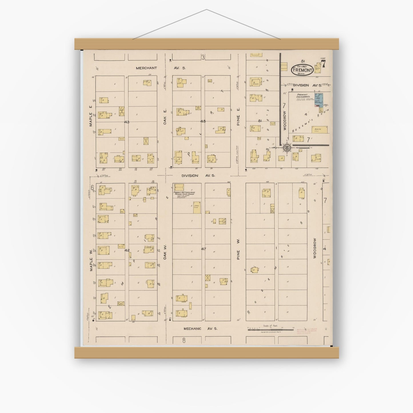 Old map wall art mockup — magnetic wood frame on white wall — Sanborn Fire Insurance Map from Fremont, Newaygo County, Michigan (1921), Sheet #0007