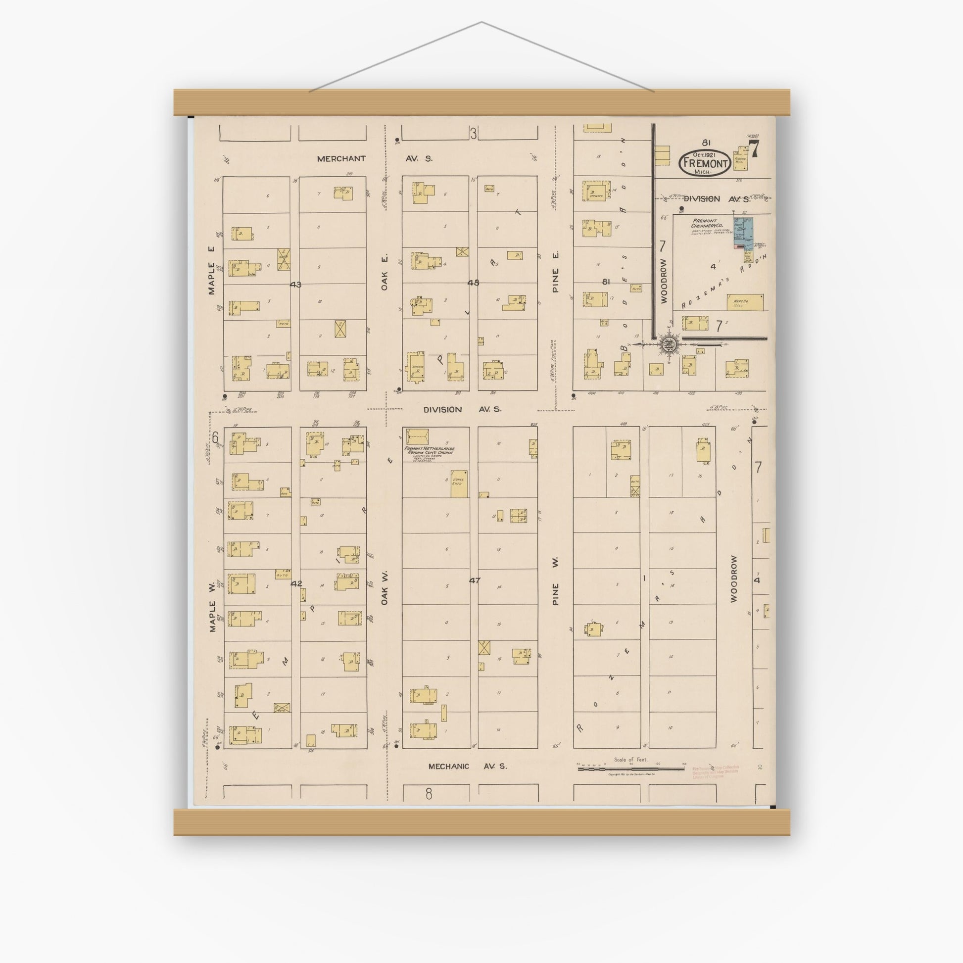 Old map wall art mockup — magnetic wood frame on white wall — Sanborn Fire Insurance Map from Fremont, Newaygo County, Michigan (1921), Sheet #0007