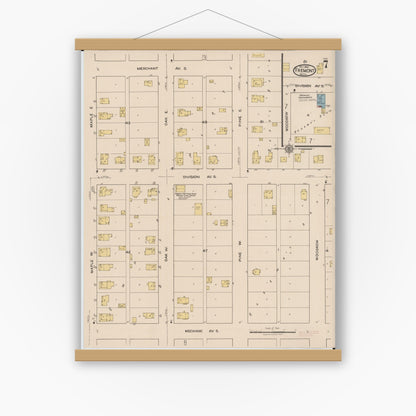 Old map wall art mockup — magnetic wood frame on white wall — Sanborn Fire Insurance Map from Fremont, Newaygo County, Michigan (1921), Sheet #0007