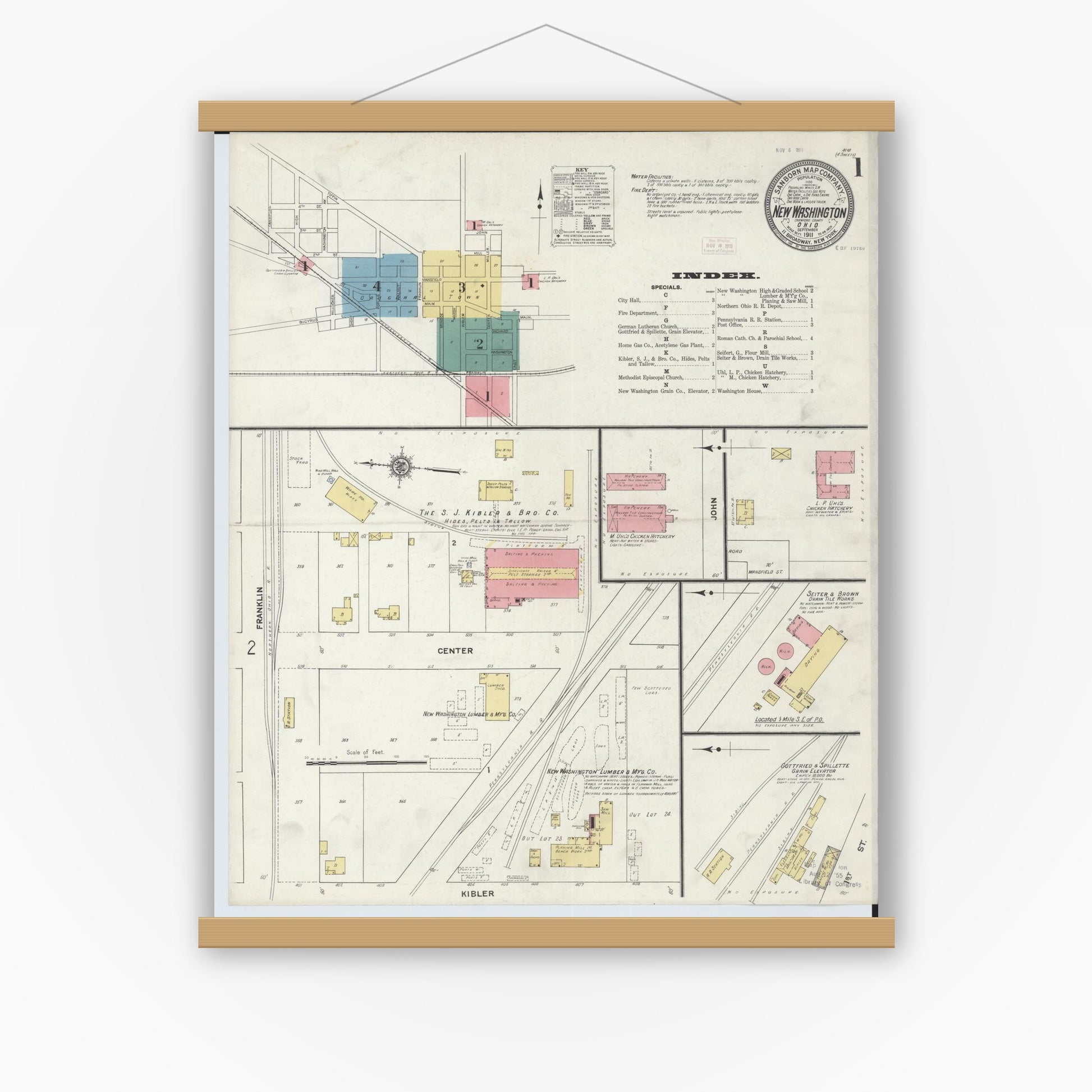 Old map wall art mockup — magnetic wood frame on white wall — Sanborn Fire Insurance Map from New Washington, Crawford County, Ohio (1911) - Complete Map Set