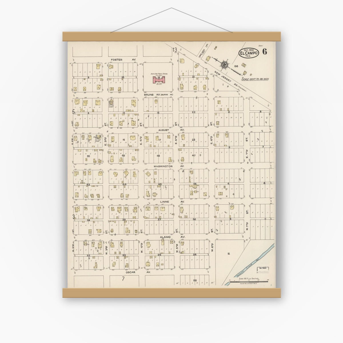 Old map wall art mockup — magnetic wood frame on white wall — Sanborn Fire Insurance Map from El Campo, Wharton County, Texas (1922), Sheet #0006