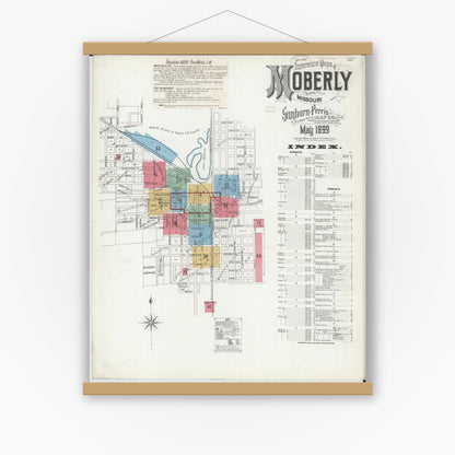 Old map wall art mockup — magnetic wood frame on white wall — Sanborn Fire Insurance Map from Moberly, Randolph County, Missouri (1899) - Complete Map Set