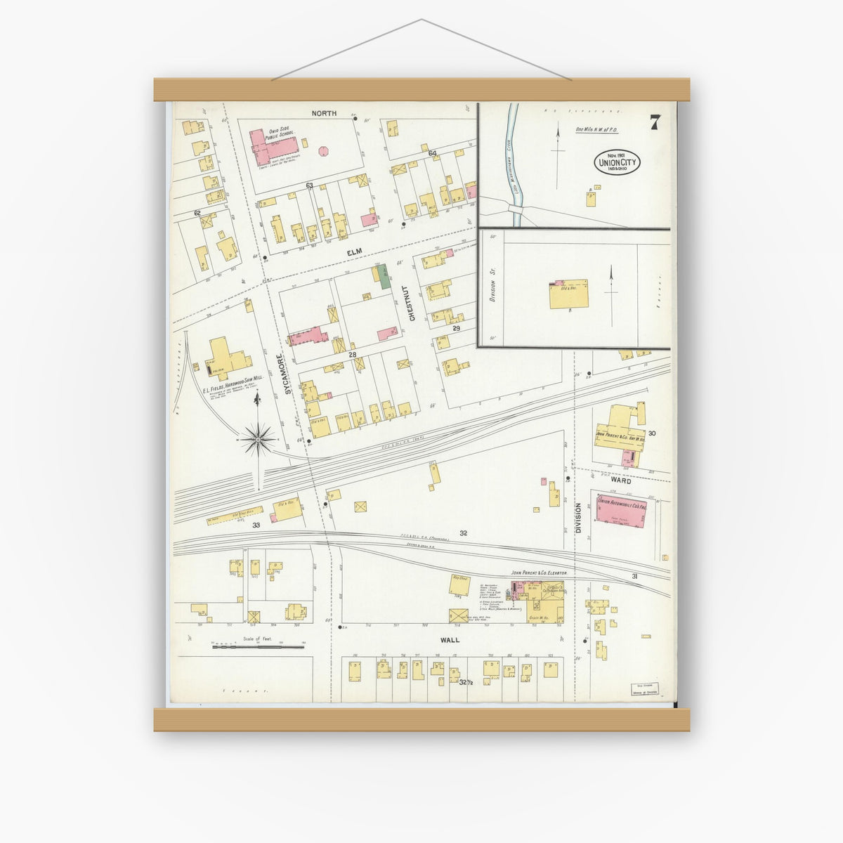 Old map wall art mockup — magnetic wood frame on white wall — Sanborn Fire Insurance Map from Union City, Randolph County, Indiana (1901), Sheet #0007