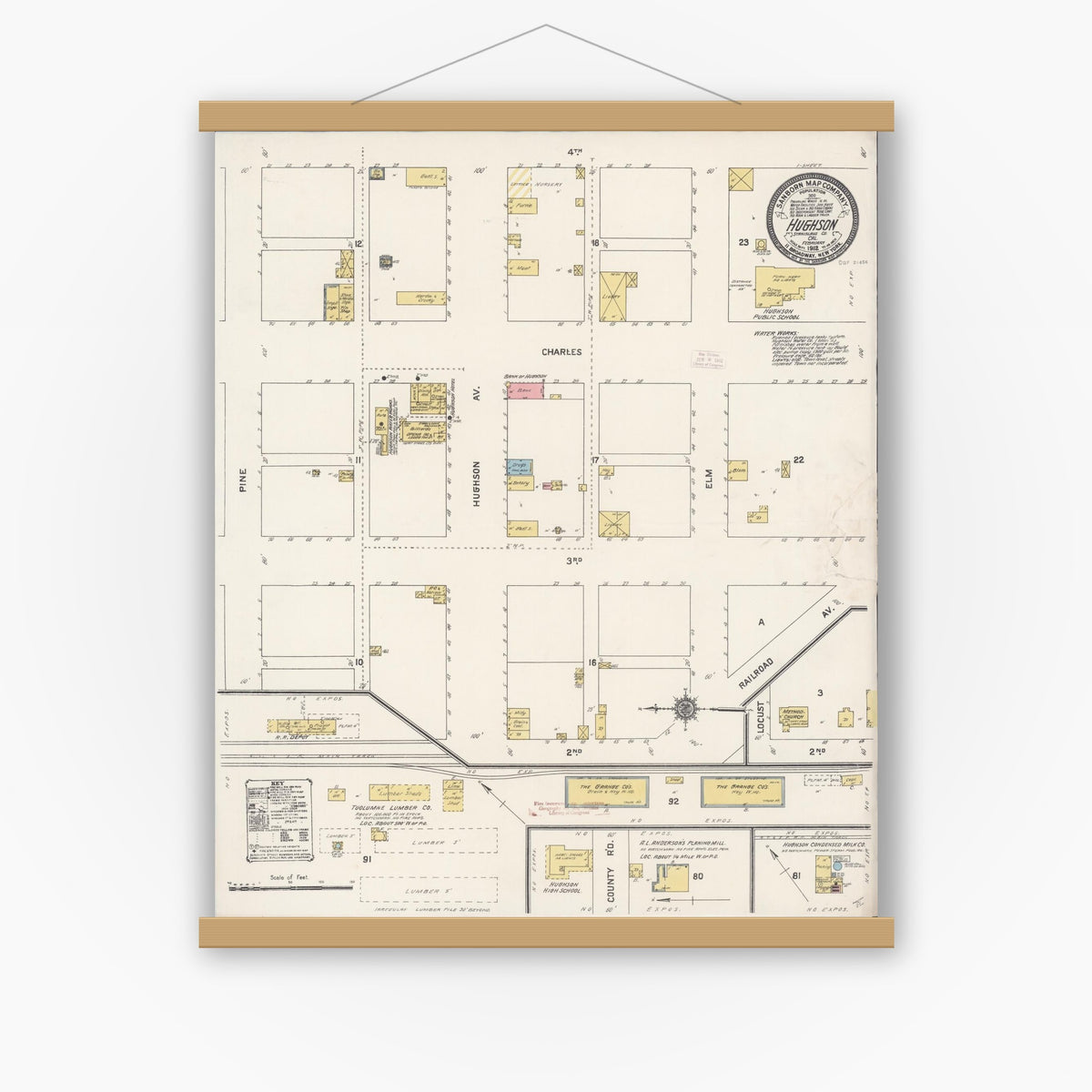 Old map wall art mockup — magnetic wood frame on white wall — Sanborn Fire Insurance Map from Hughson, Stanislaus County, California (1912), Sheet #0001