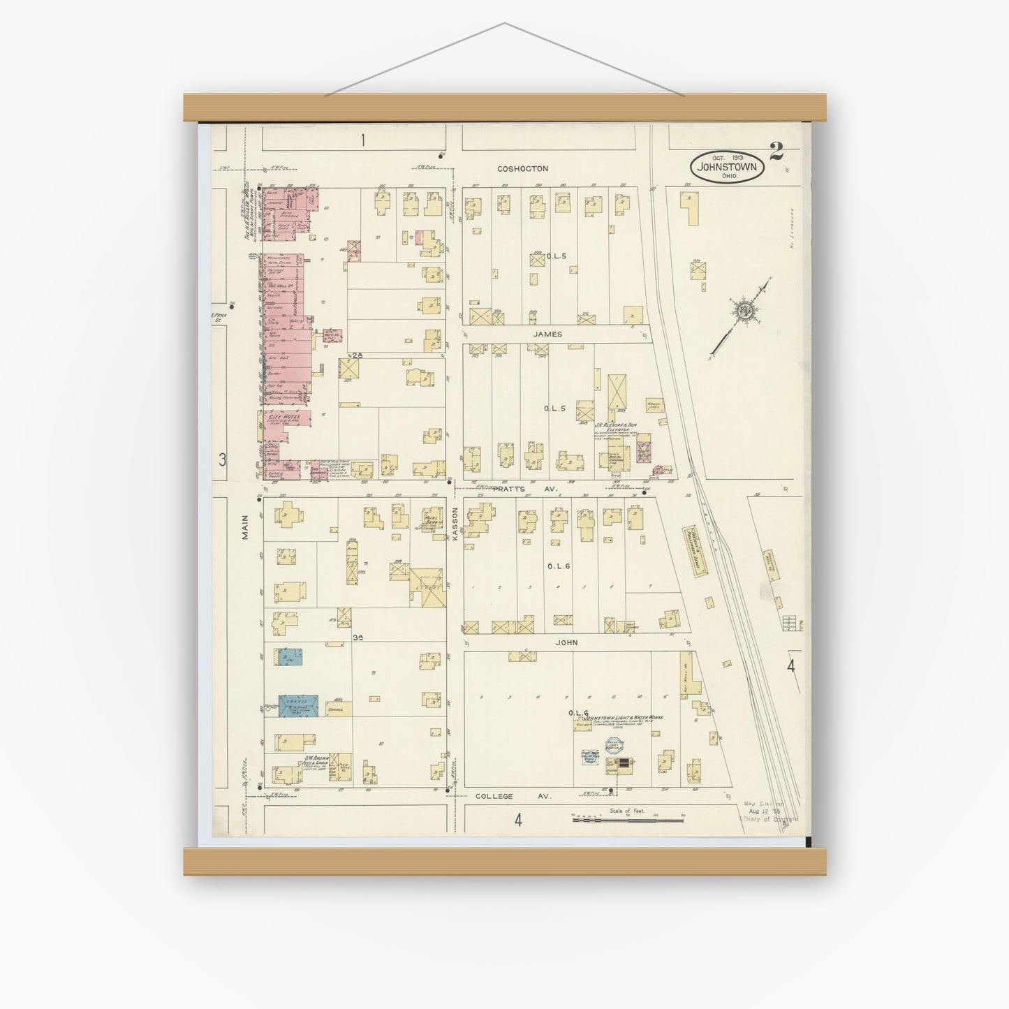 Old map wall art mockup — magnetic wood frame on white wall — Sanborn Fire Insurance Map from Johnstown, Licking County, Ohio (1913), Sheet #0002