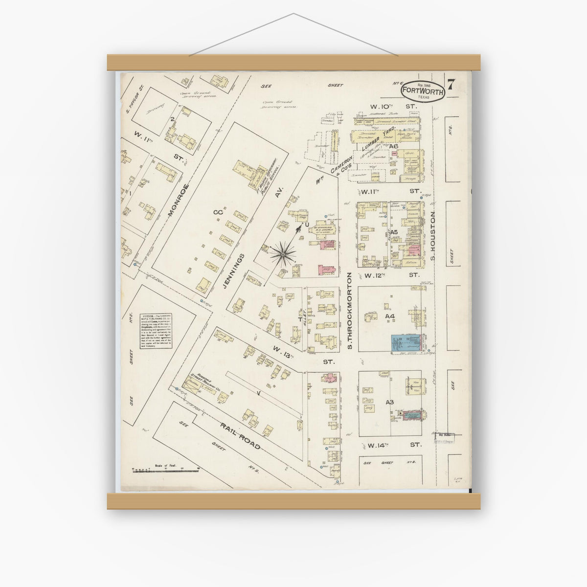 Old map wall art mockup — magnetic wood frame on white wall — Sanborn Fire Insurance Map from Fort Worth, Tarrant County, Texas (1885), Sheet #0007