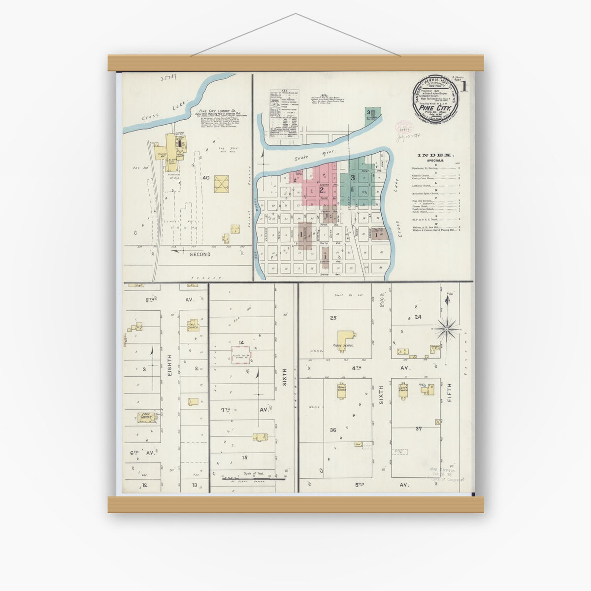 Old map wall art mockup — magnetic wood frame on white wall — Sanborn Fire Insurance Map from Pine City, Pine County, Minnesota (1894) - Complete Map Set