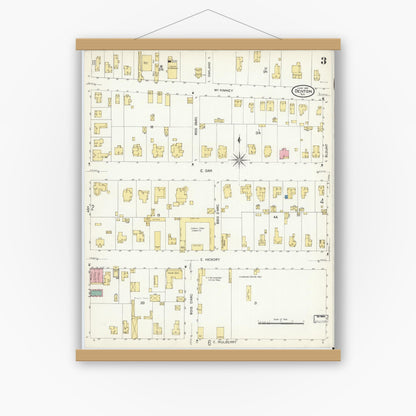 Old map wall art mockup — magnetic wood frame on white wall — Sanborn Fire Insurance Map from Denton, Denton County, Texas (1907), Sheet #0003