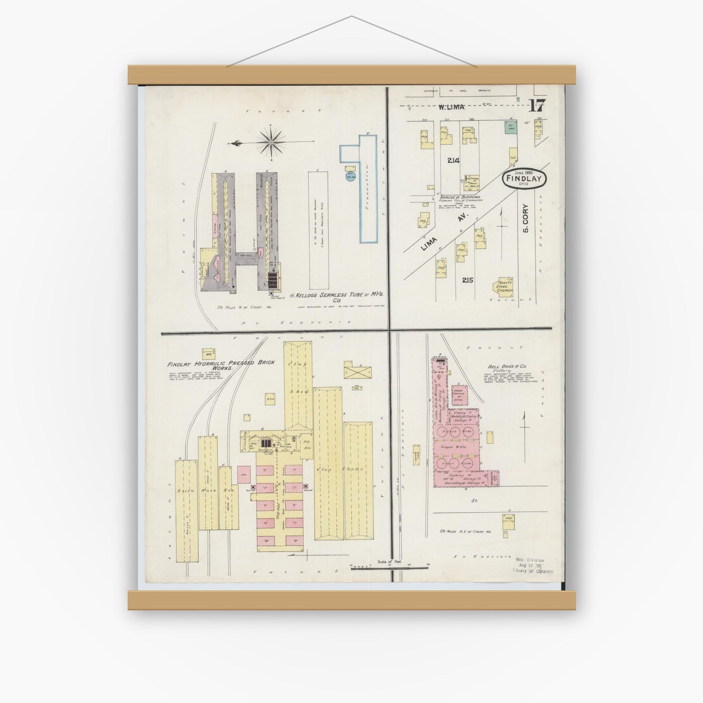 Old map wall art mockup — magnetic wood frame on white wall — Sanborn Fire Insurance Map from Findlay, Hancock County, Ohio (1890), Sheet #0017