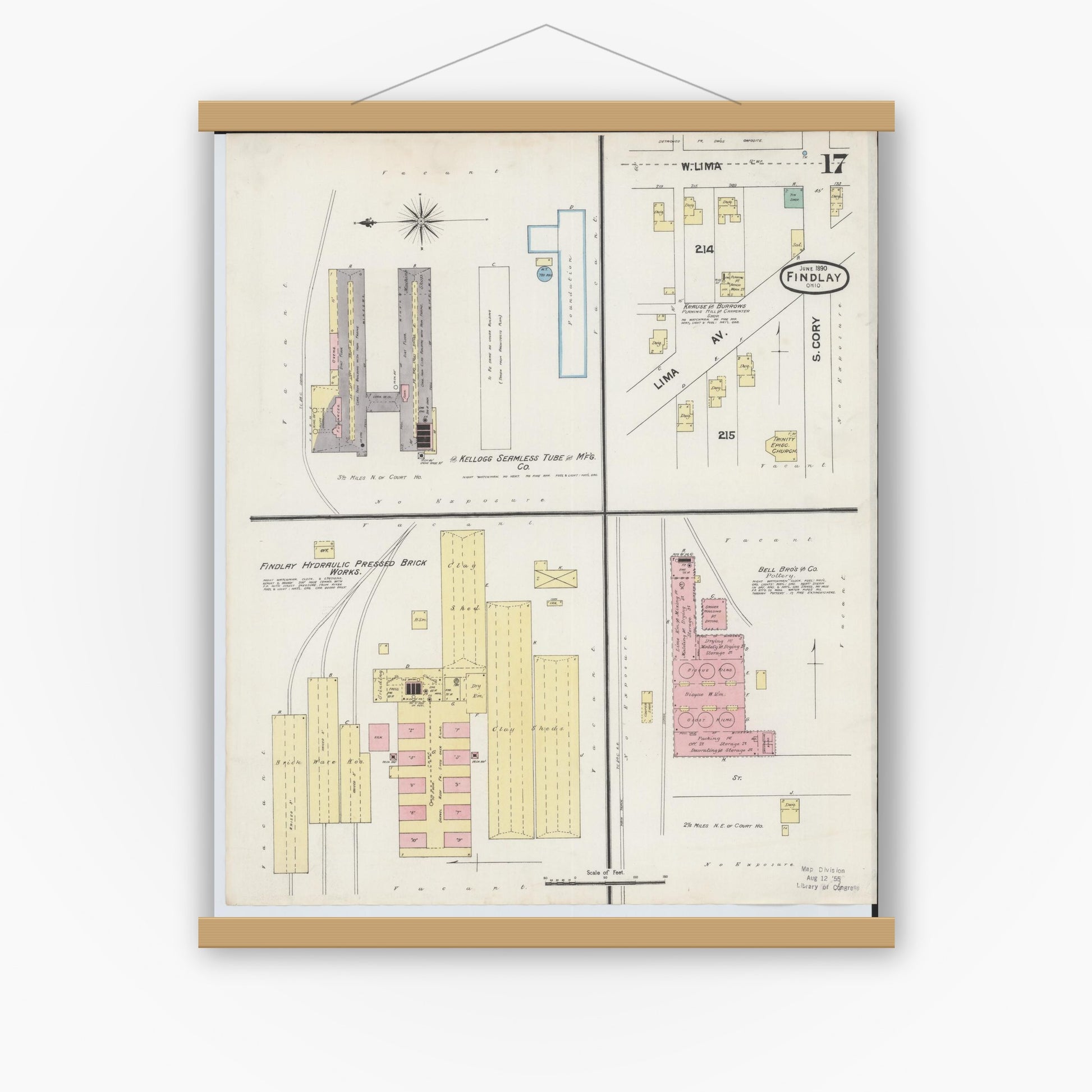 Old map wall art mockup — magnetic wood frame on white wall — Sanborn Fire Insurance Map from Findlay, Hancock County, Ohio (1890), Sheet #0017