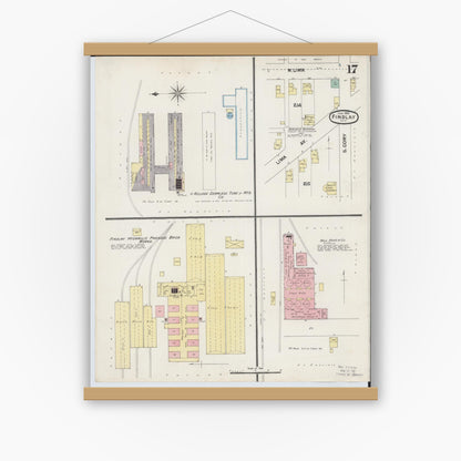 Old map wall art mockup — magnetic wood frame on white wall — Sanborn Fire Insurance Map from Findlay, Hancock County, Ohio (1890), Sheet #0017