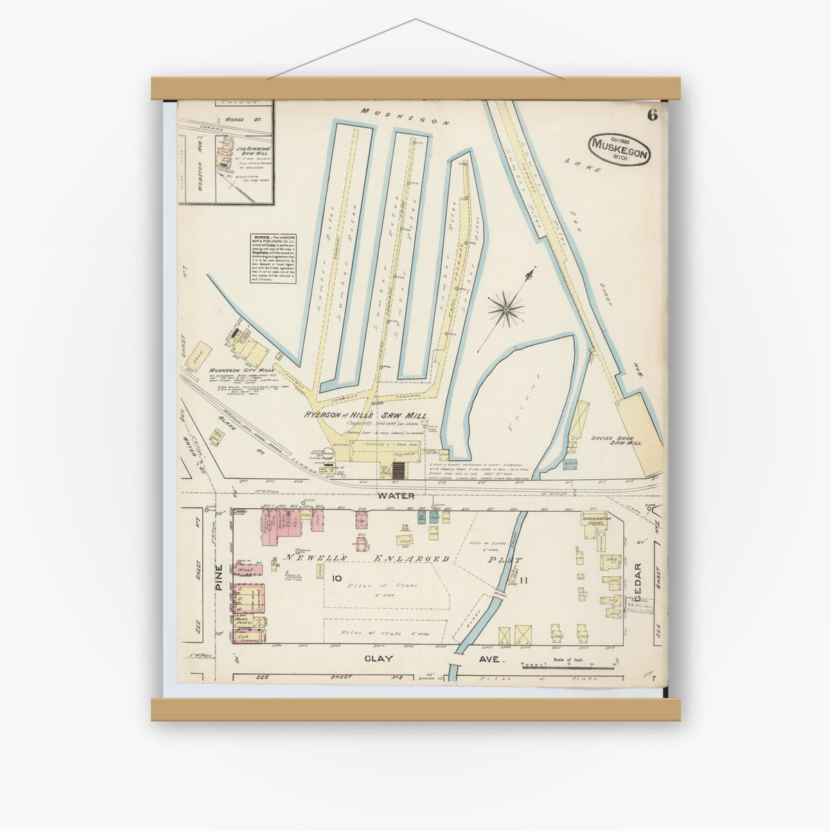 Old map wall art mockup — magnetic wood frame on white wall — Sanborn Fire Insurance Map from Muskegon, Muskegon County, Michigan (1883), Sheet #0006
