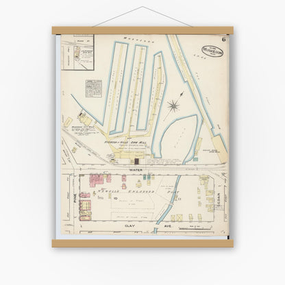 Old map wall art mockup — magnetic wood frame on white wall — Sanborn Fire Insurance Map from Muskegon, Muskegon County, Michigan (1883), Sheet #0006