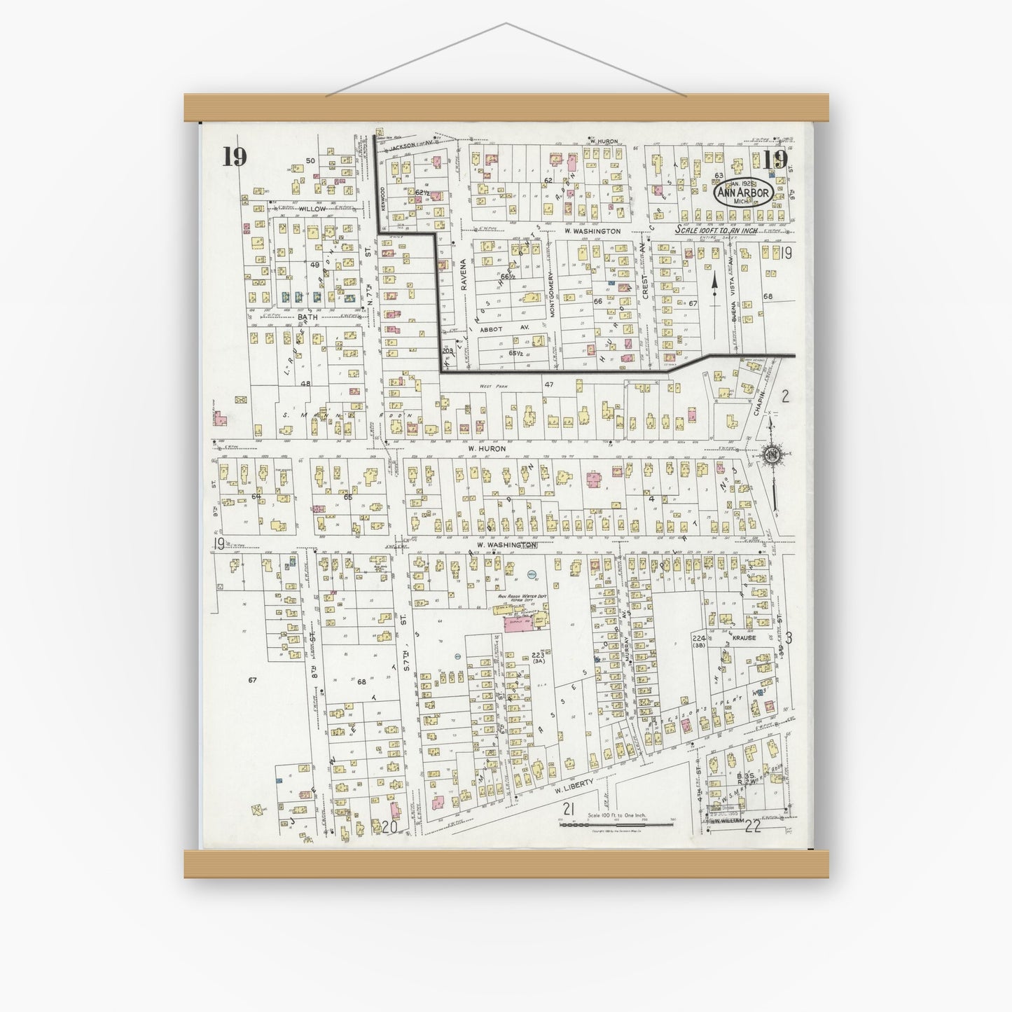 Old map wall art mockup — magnetic wood frame on white wall — Sanborn Fire Insurance Map from Ann Arbor, Washtenaw County, Michigan (1925), Sheet #0019