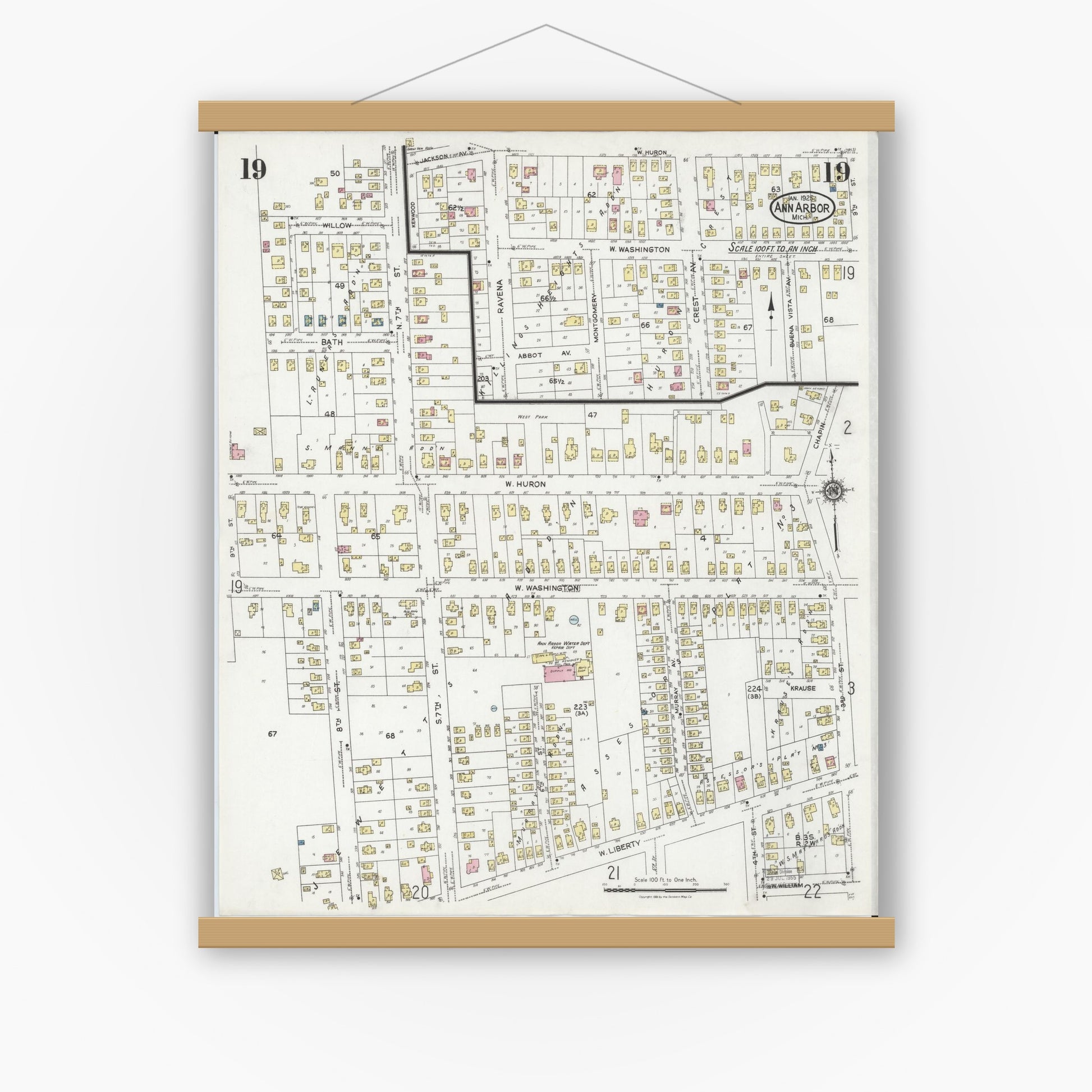 Old map wall art mockup — magnetic wood frame on white wall — Sanborn Fire Insurance Map from Ann Arbor, Washtenaw County, Michigan (1925), Sheet #0019