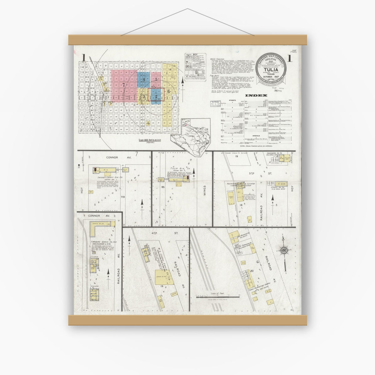 Old map wall art mockup — magnetic wood frame on white wall — Sanborn Fire Insurance Map from Tulia, Swisher County, Texas (1927) - Complete Map Set