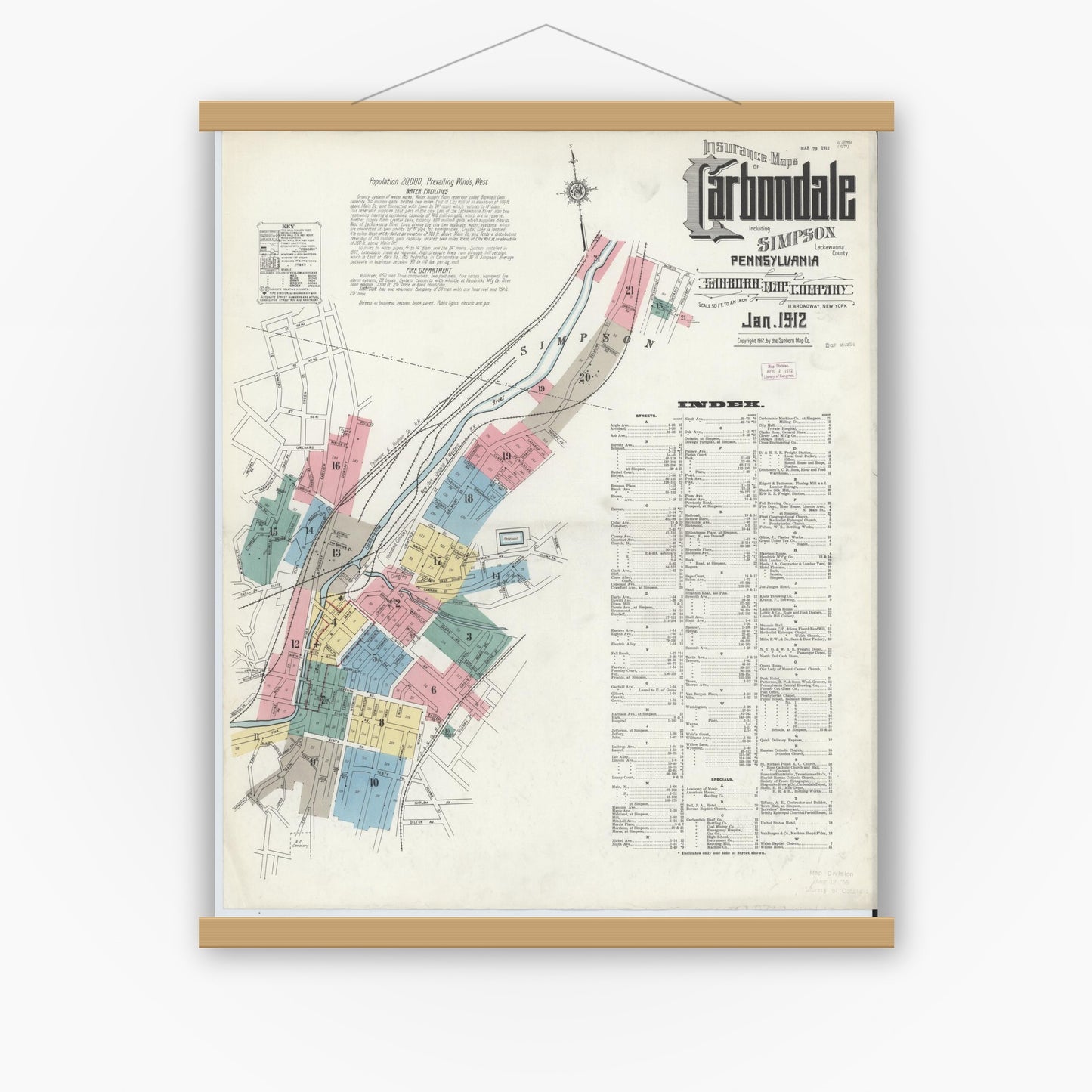 Old map wall art mockup — magnetic wood frame on white wall — Sanborn Fire Insurance Map from Carbondale, Lackawanna County, Pennsylvania (1912) - Complete Map Set