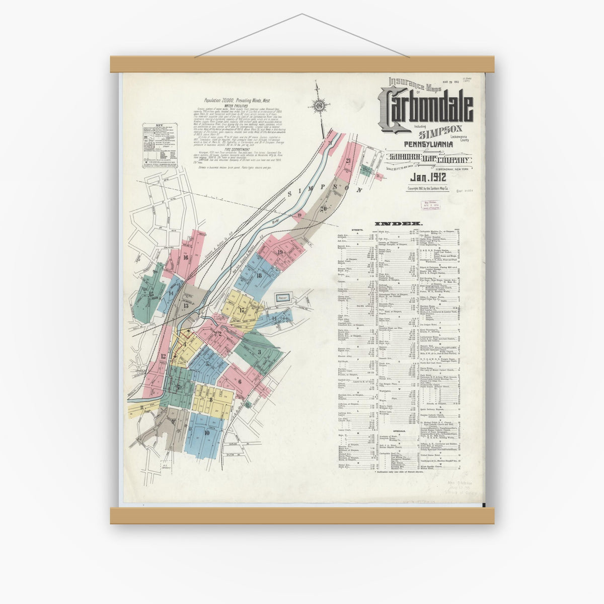 Old map wall art mockup — magnetic wood frame on white wall — Sanborn Fire Insurance Map from Carbondale, Lackawanna County, Pennsylvania (1912) - Complete Map Set