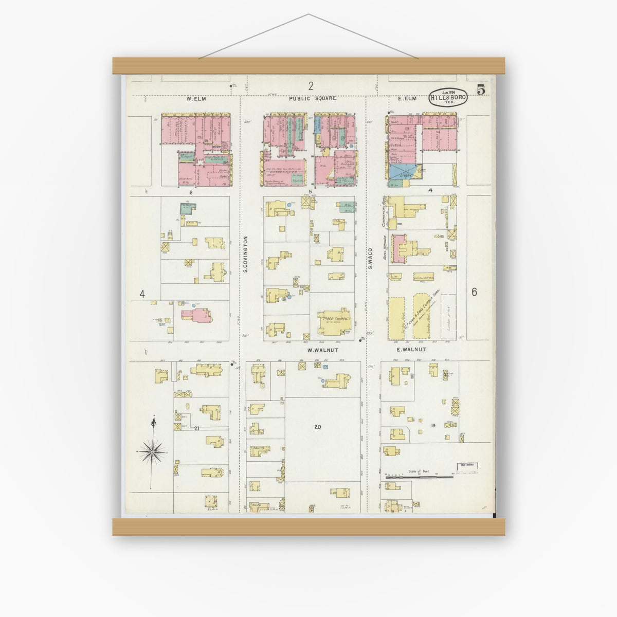 Old map wall art mockup — magnetic wood frame on white wall — Sanborn Fire Insurance Map from Hillsboro, Hill County, Texas (1896), Sheet #0005