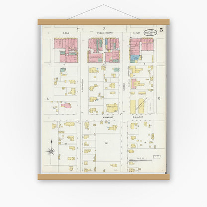 Old map wall art mockup — magnetic wood frame on white wall — Sanborn Fire Insurance Map from Hillsboro, Hill County, Texas (1896), Sheet #0005