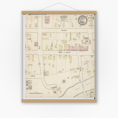 Old map wall art mockup — magnetic wood frame on white wall — Sanborn Fire Insurance Map from Huron, Erie County, Ohio (1888), Sheet #0001